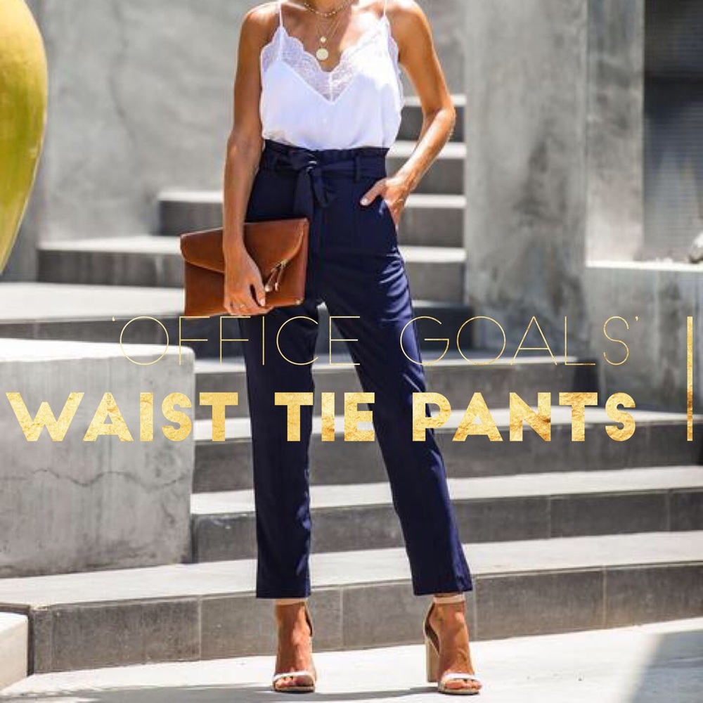 ‘Office Goals’ Waist Tie Pants In Navy Blue